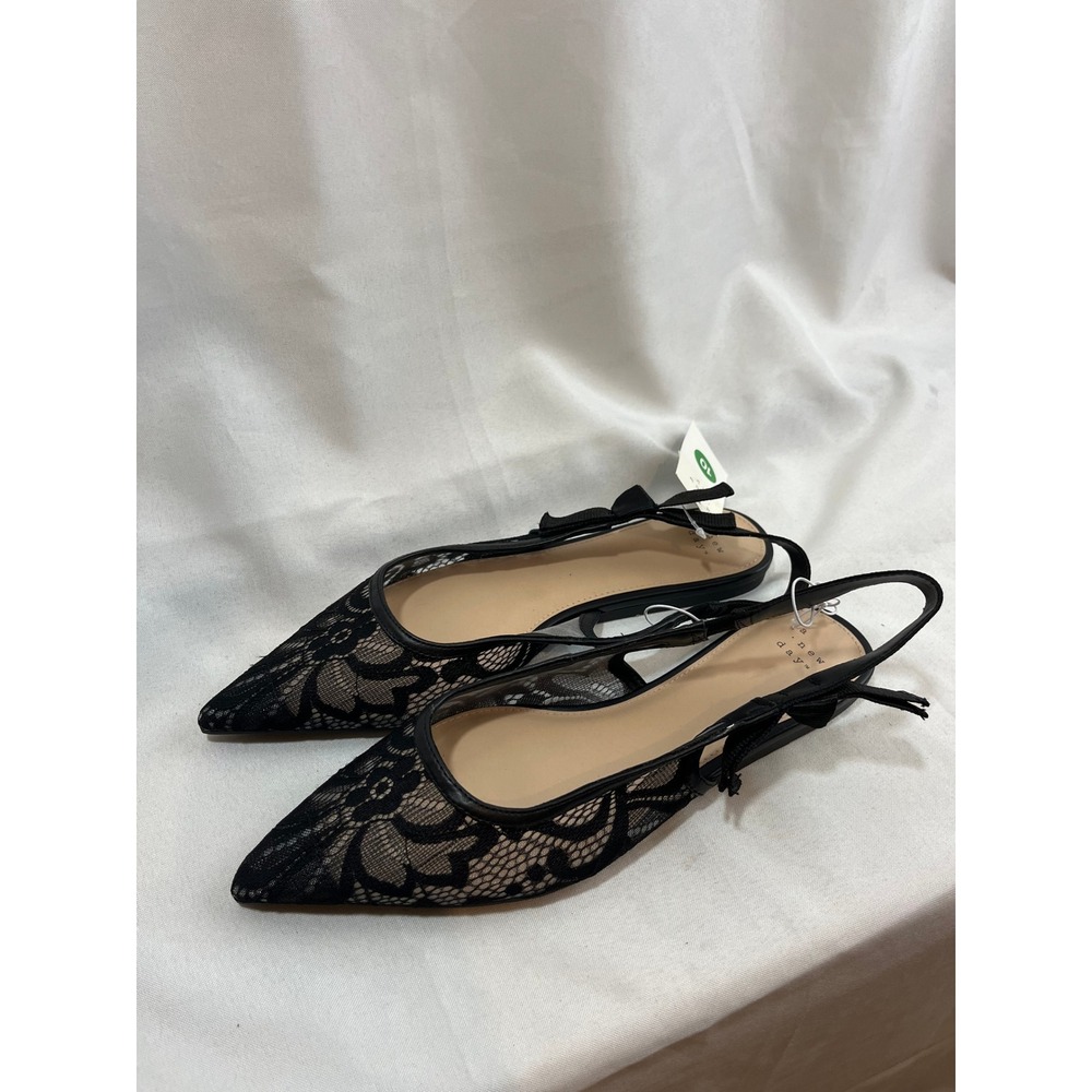 A New Day Womens Black Floral Lace Slingback Pointed Toe Flat Shoes Bow Size 10